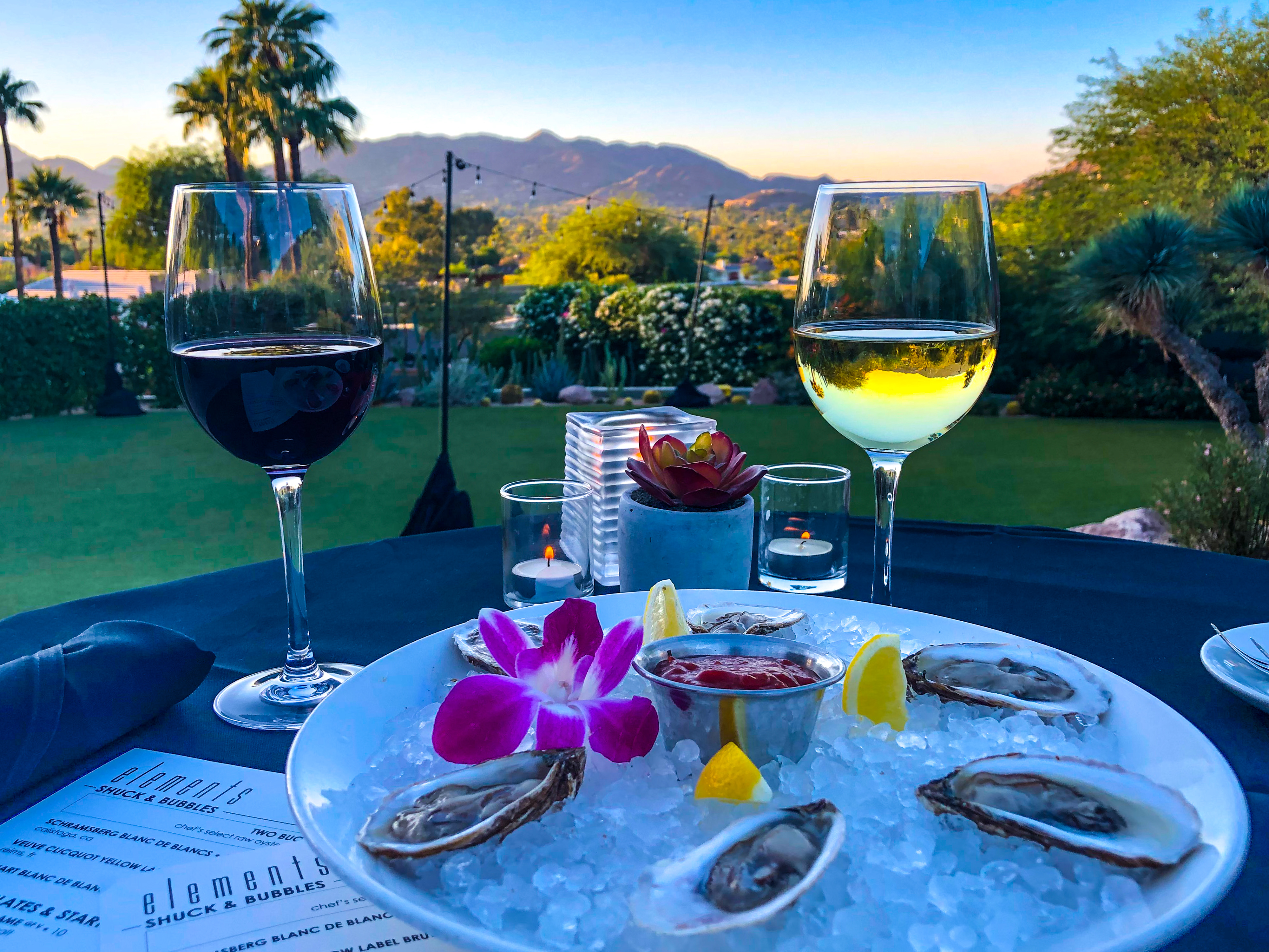 Oysters on the half shell and wines on table overlooking sunset on Paradise Views patio.