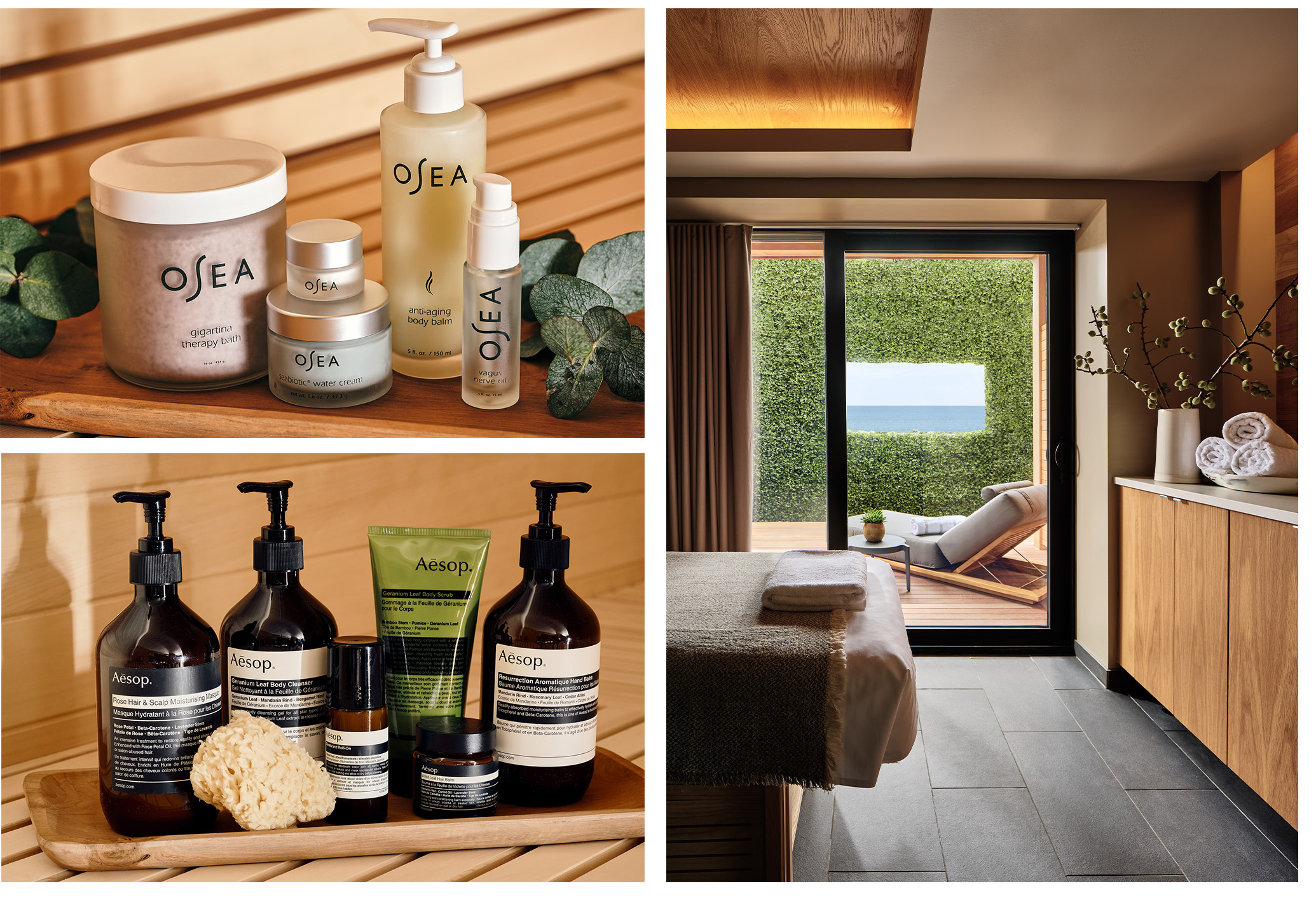 Collage showing Osea products, Aesop product and Seawater Spa's treatment suite with outdoor patio and seating area.