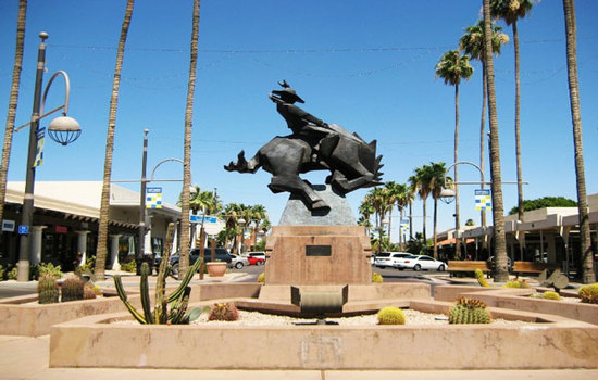 Statue of man on horse in Old Town Scottsdale.