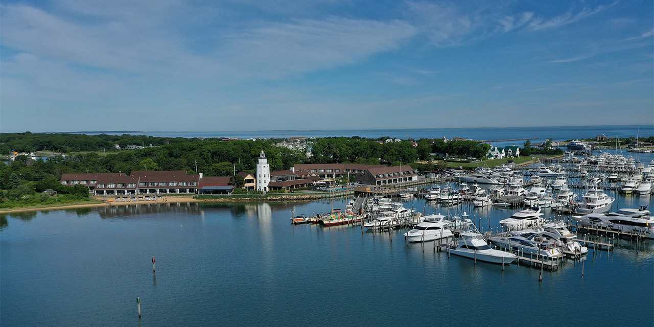 Drone view from the water of Gurney's Star Island Resort & Marina.