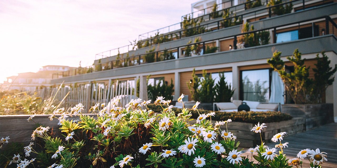 Spring flowers in front of the exterior of Gurney's Montauk Resort