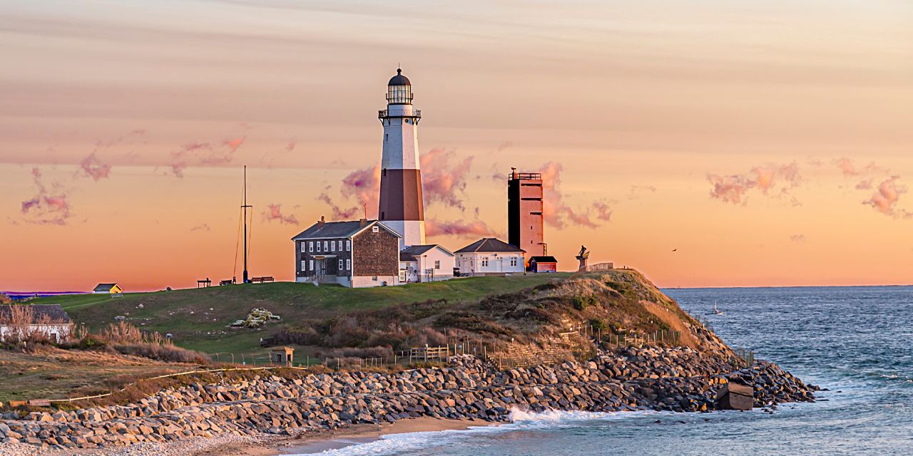 The Montauk Lighthouse at Sunrise with a View of the Coastline