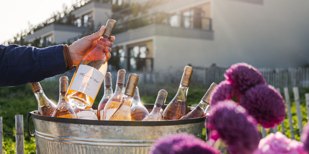 A bottle of rose wine is lifted out of a metal pail filled with wine bottles