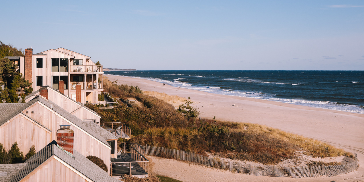 An aerial view of Gurney's Montauk Resort with the ocean in the background