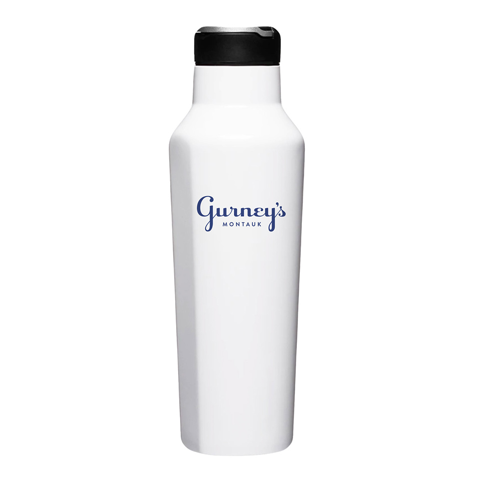 White Corksicle Water Bottle With Gurney's Resorts Logo On Side and Black Screw-Top Cap