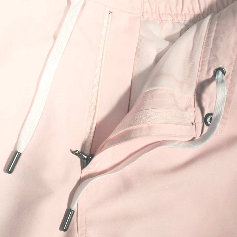 Onia Calder Swim Trunks In Light Pink - Close-Up Detail