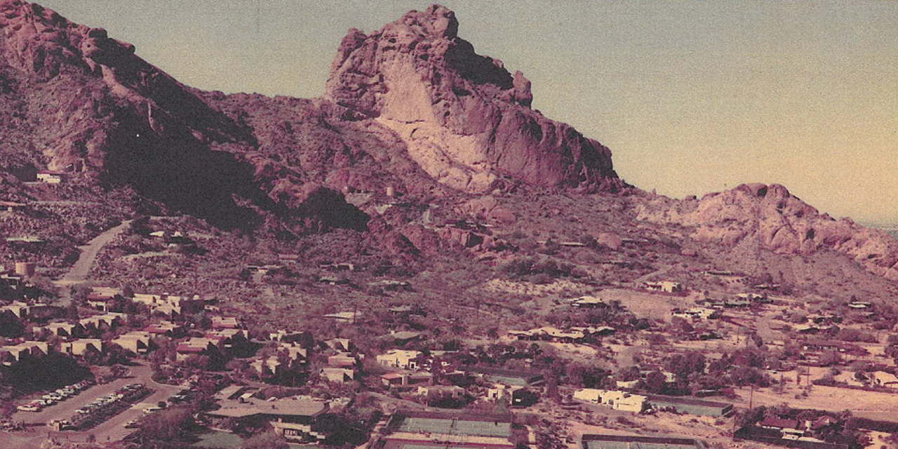Historical arial photograph of Camelback Mountain, Praying Monk and the surrounding valley.