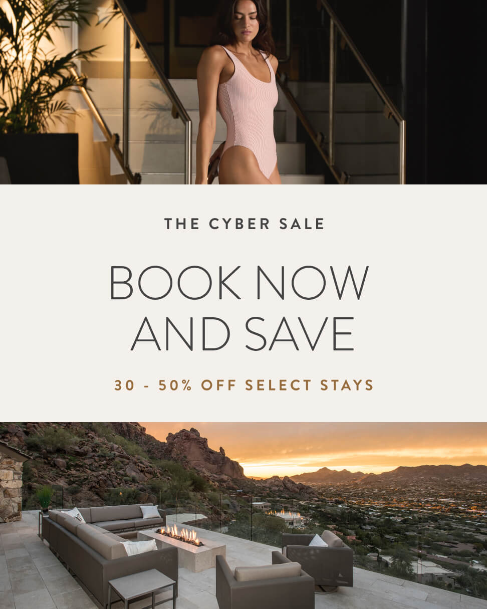 Woman by a pool, text reads "Book Now and Save," with a sunset view over outdoor seating.