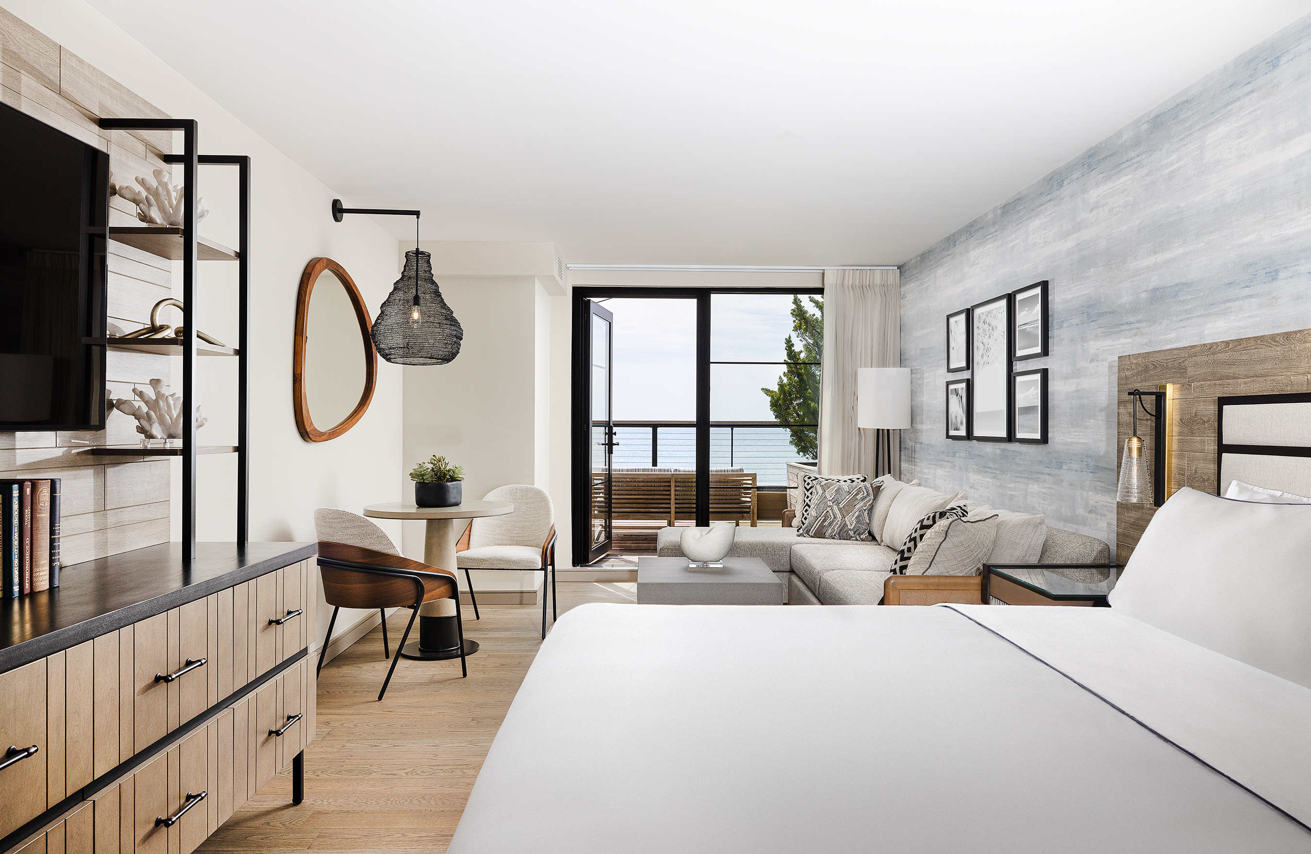 Hotel room with a waterfront view. 