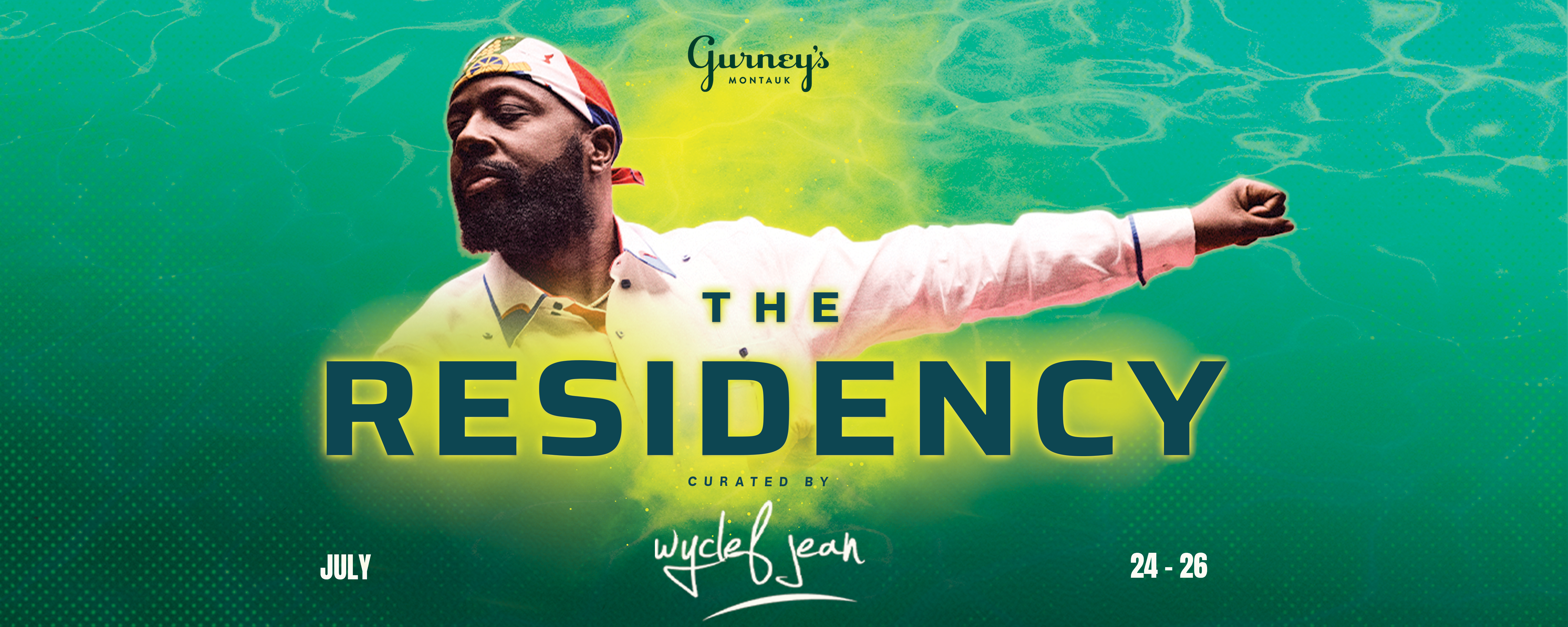 Man in a cap with arm raised, on a green background with water-like texture. Text reads "The Residency."