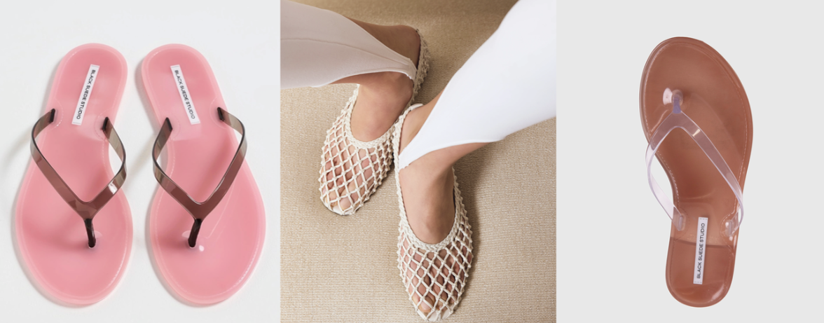 Pink flip-flops, white woven slides on crossed legs, and a single brown sandal in a collage.