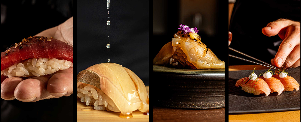 Sushi variety: tuna nigiri, sauce drizzled on yellowtail, snapper nigiri with flowers, and tuna nigiri with chopsticks, served on different plates.
