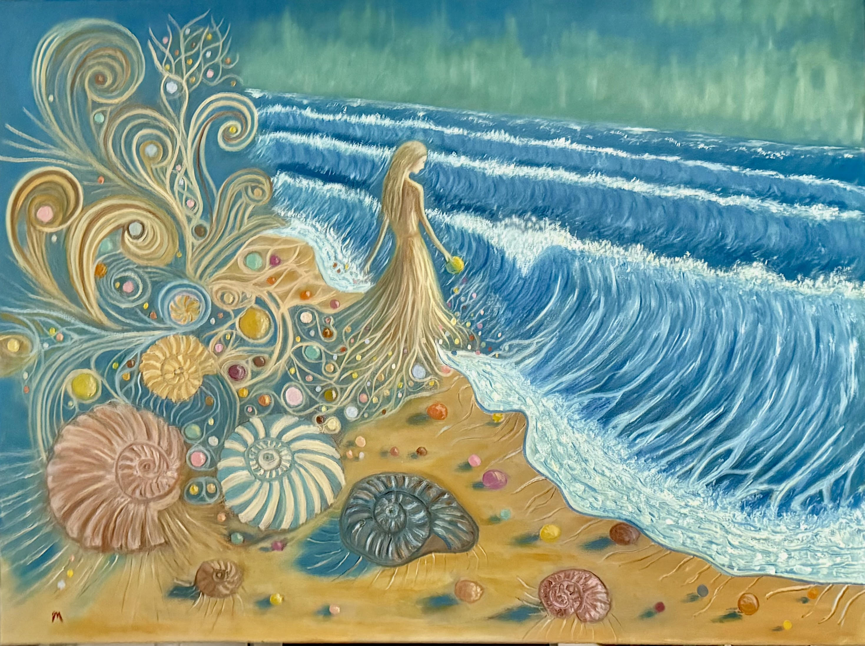 A woman in a flowing dress walks on a beach, with stylized waves and seashell patterns.