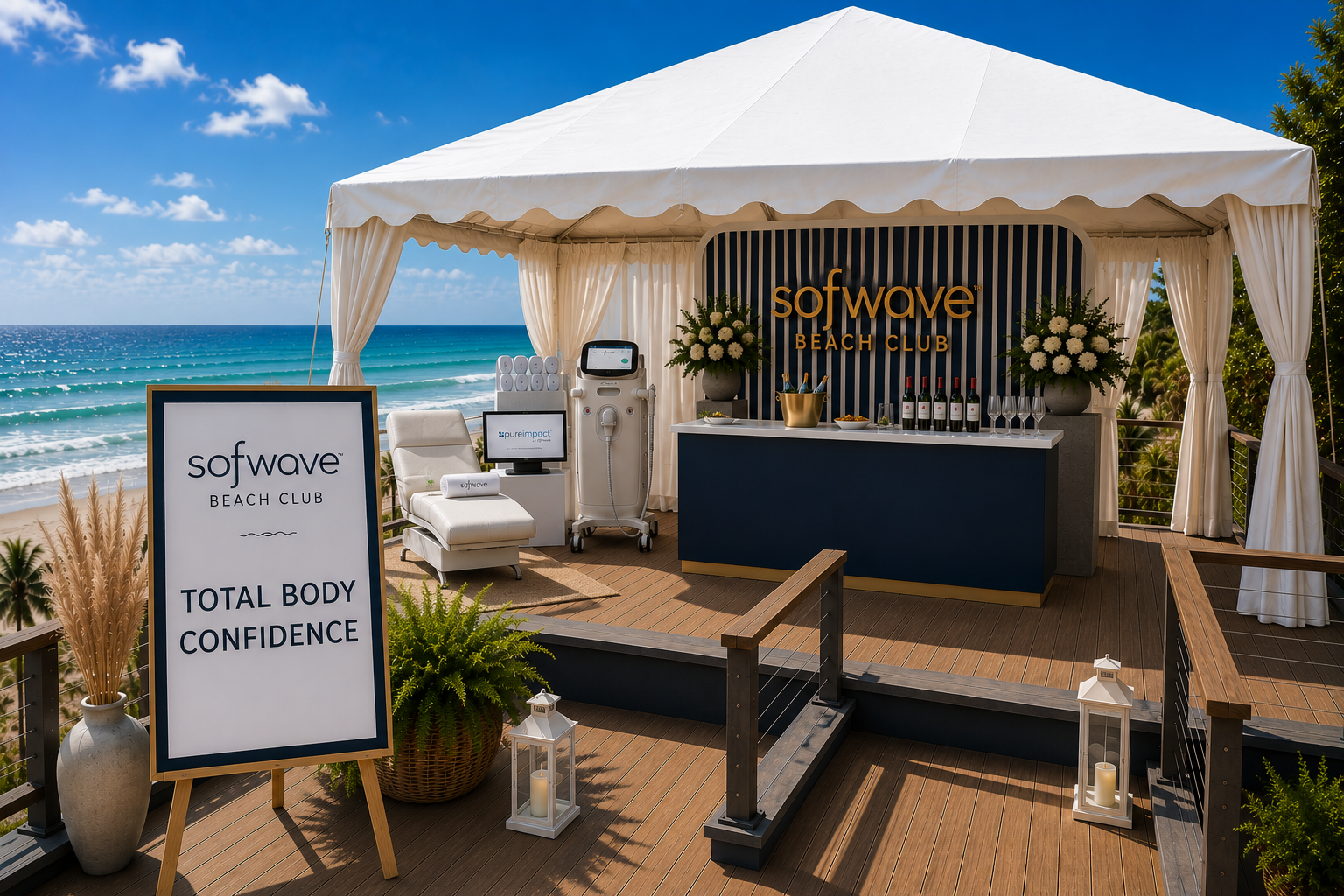 Beachfront tent with a reception counter, signage with "Total Body Confidence", medical equipment, and potted plants; sunny day with ocean in view.