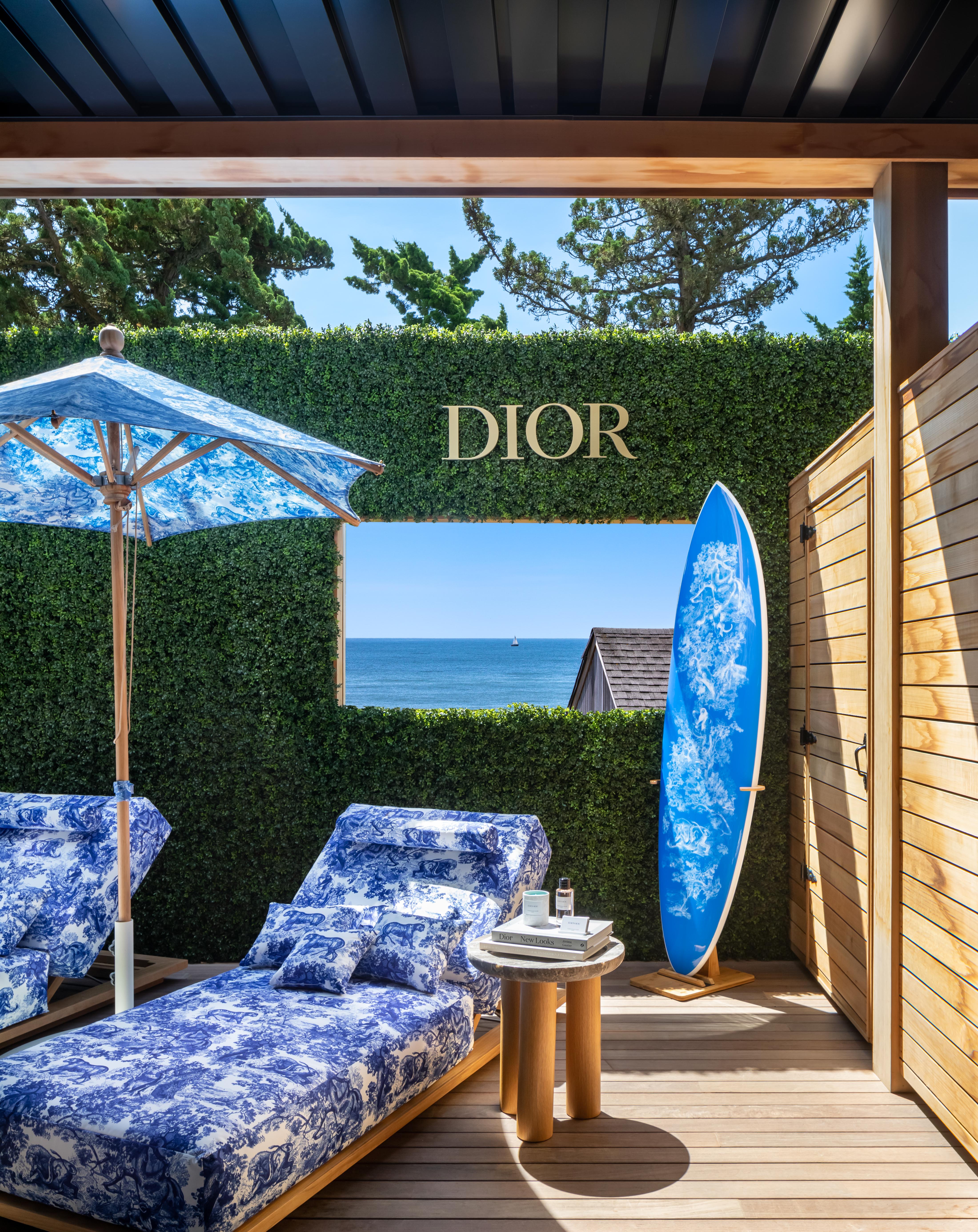 Outdoor lounge area of Dior Seawater Spa treatment room with lounge chair and Dior decor.