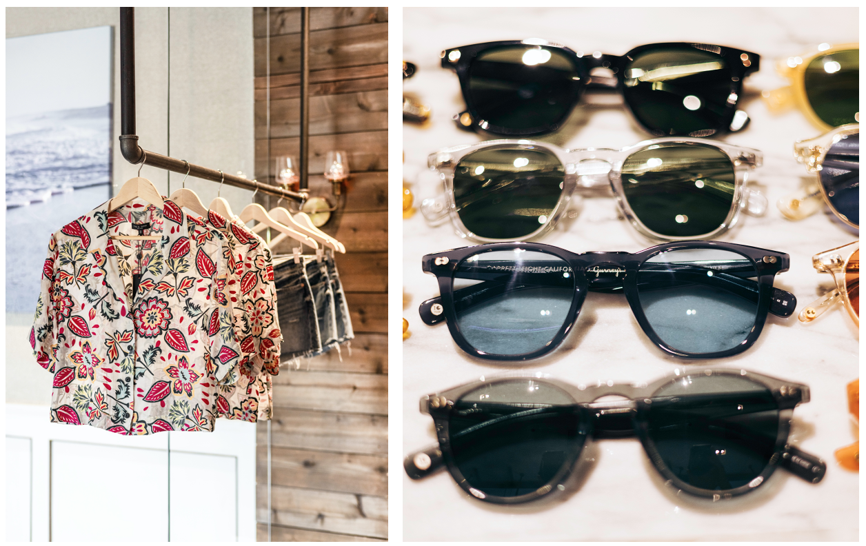 A selection of men's shirts and sunglasses.