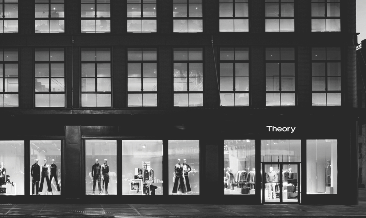The exterior of a Theory store in black and white