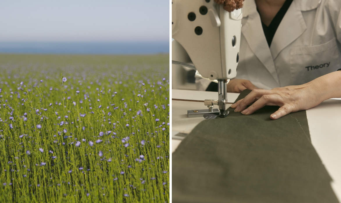 A split image with a flower field on the left and a close-up of a person sewing on the right side.