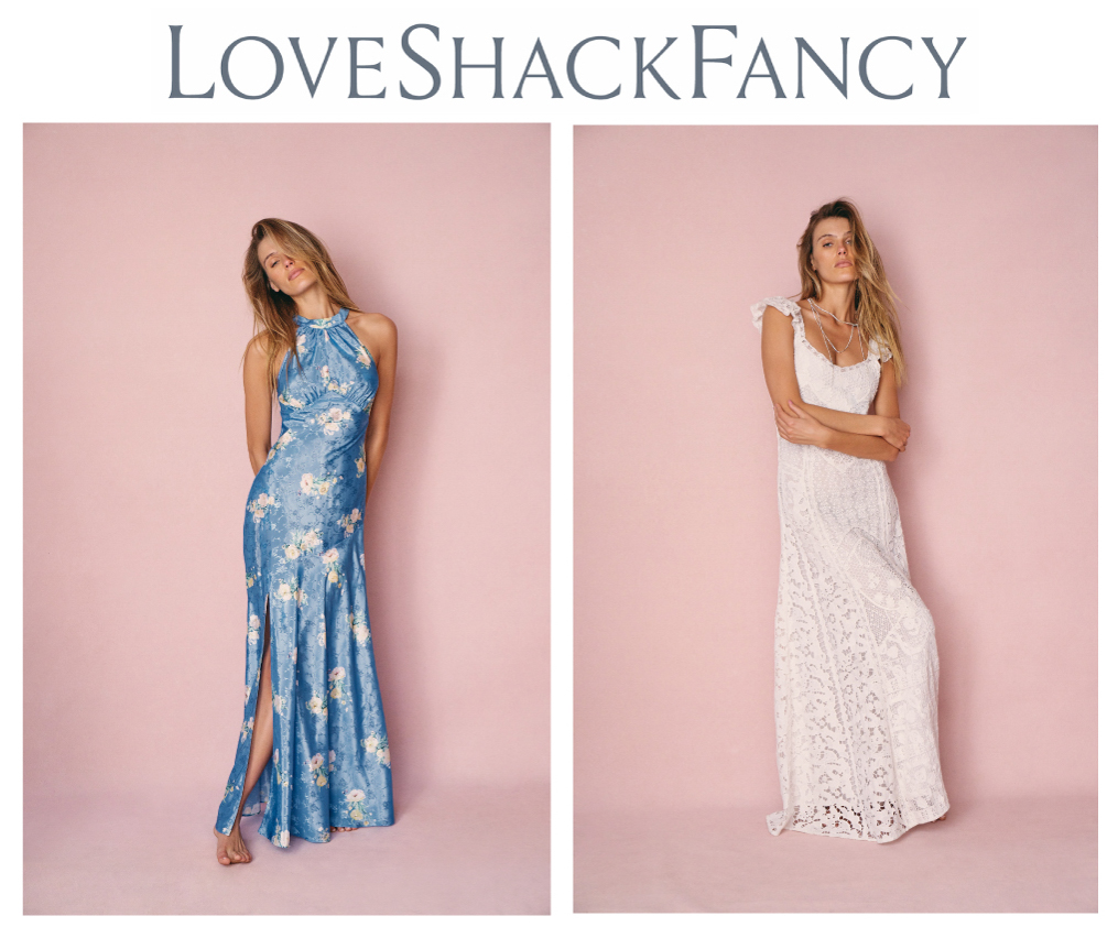 Collage including LoveShackFancy logo and one woman wearing blue LoveShackFancy dress against pink background and another woman wearing flowing white dress against pink background.