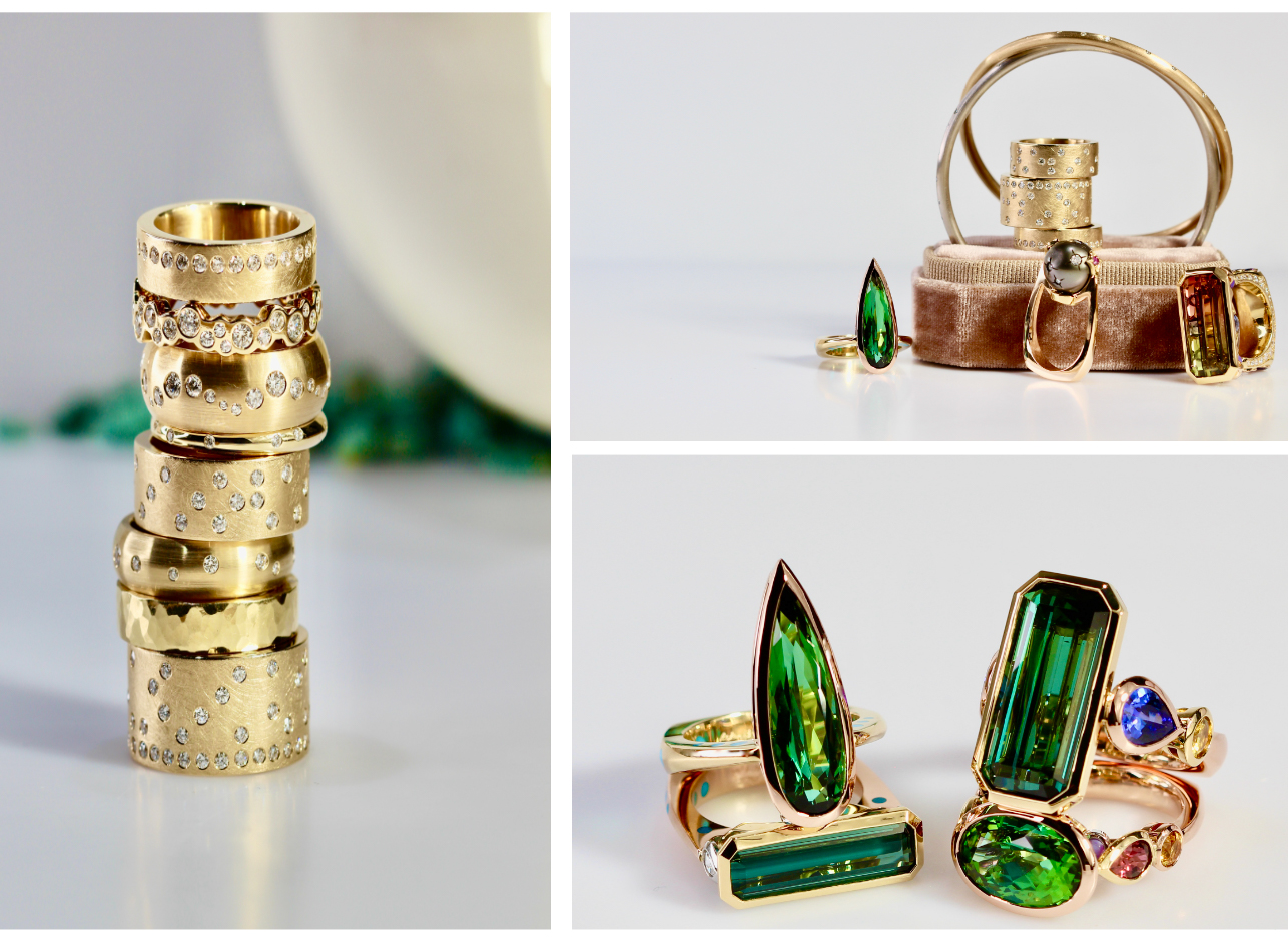Collage of gold rings, bracelets, earrings, and rings with precious gems.