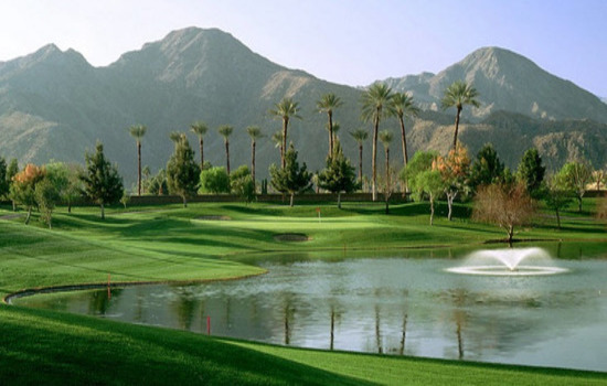 Scottsdale golf course with dynamic waterfall feature.