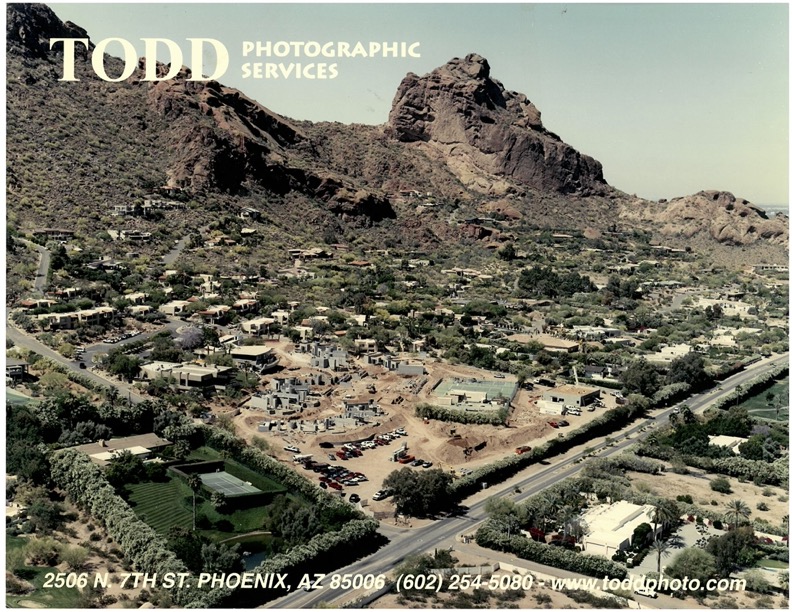 Historical arial photo showing the construction of Paradise Valley Racket Club on Camelback Mountain.