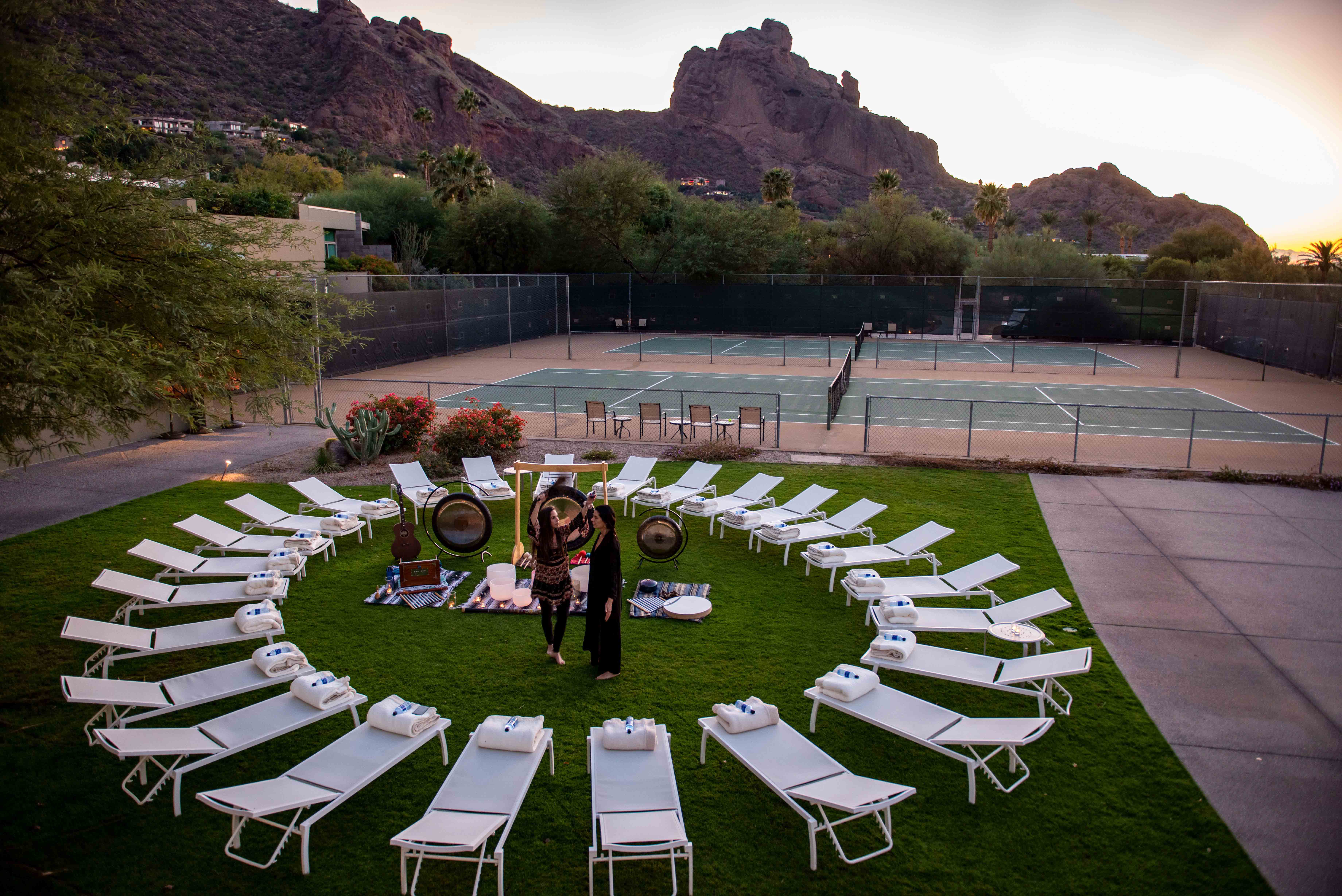 Sound Journey setup on Sanctuary's Spa Lawn with Camelback Mountain in background.