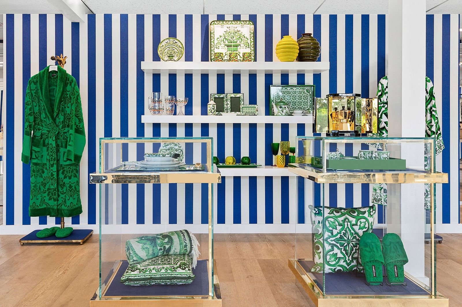 Inside store decorated in D&G blue and white wallpaper 