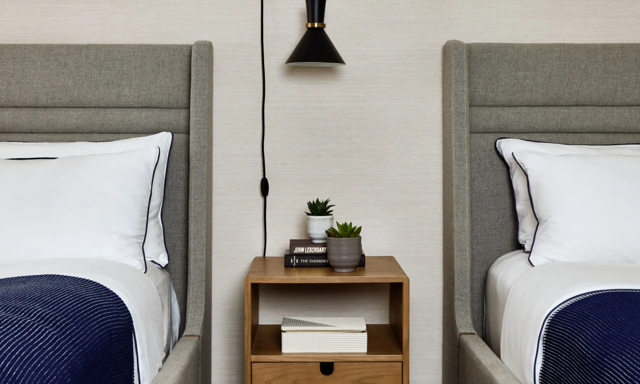 A close-up view of two twin beds with a wooden nightstand between them, featuring potted plants and books.