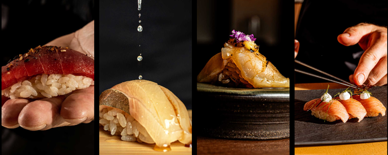 Sushi variety: tuna nigiri, sauce drizzled on yellowtail, snapper nigiri with flowers, and tuna nigiri with chopsticks, served on different plates.