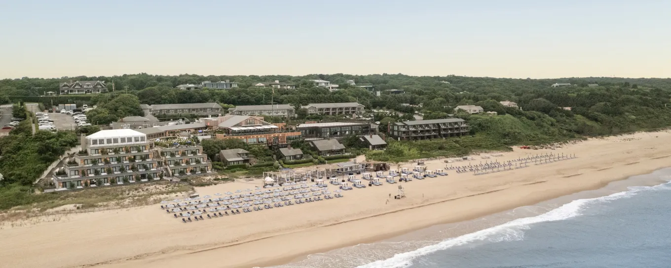 Aerial view of a beach with rows of umbrellas, buildings set back among green trees, and gentle waves on the sandy shore under a clear sky.