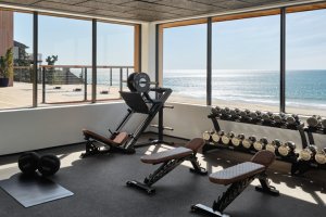 Fitness center with freights, benches, leg press and ocean view.