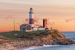 The Montauk Lighthouse at Sunrise with a View of the Coastline