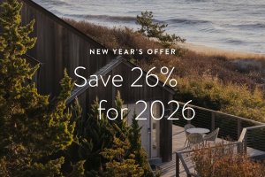 Save 26% for 2026 text overlaying an image of casita and grass and beach