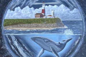 A surreal painting with a lighthouse on a cliff under clouds, and a whale swimming underwater, all enclosed in a sphere with celestial bodies outside.