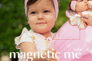 Toddler in a floral outfit and pink headband, outdoors, text reads "magnetic me: More Time For The Moments That Truly Matter."