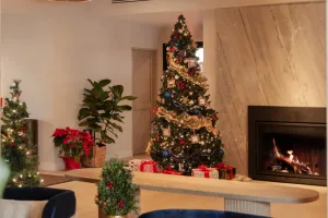 Cozy living room with a decorated Christmas tree, fireplace, and blue chairs. Red and gold ornaments adorn the tree. Poinsettias in the background.