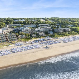An aerial view of Gurney's Montauk Resort with the Dolce & Gabbana Beach Club takeover