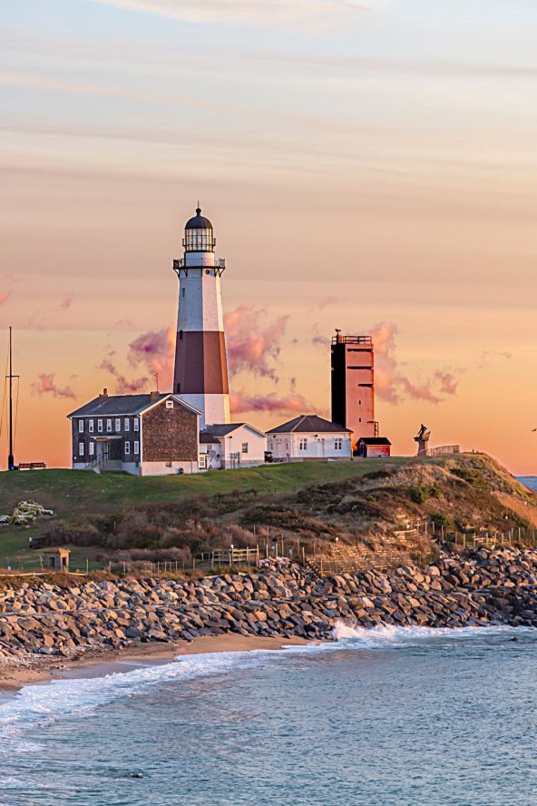The Montauk Lighthouse at Sunrise with a View of the Coastline