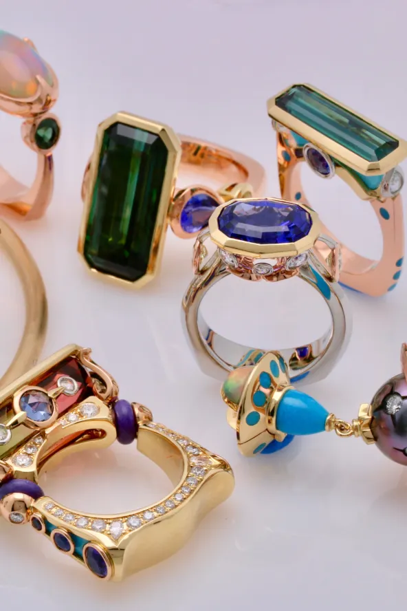 A colorful assortment of rings and jewelry from designer Raintree