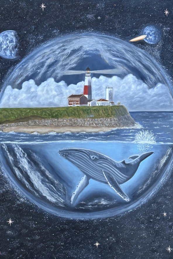 A surreal painting with a lighthouse on a cliff under clouds, and a whale swimming underwater, all enclosed in a sphere with celestial bodies outside.