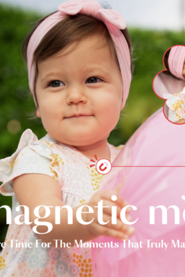 Toddler in a floral outfit and pink headband, outdoors, text reads "magnetic me: More Time For The Moments That Truly Matter."