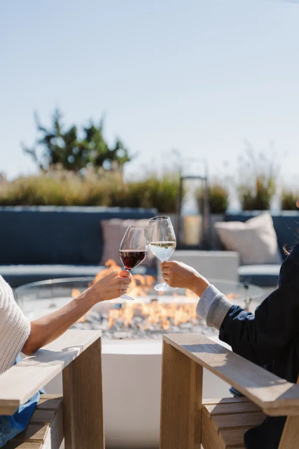 Two people clinking wine glasses over an outdoor fire pit surrounded by plants, under a clear blue sky.