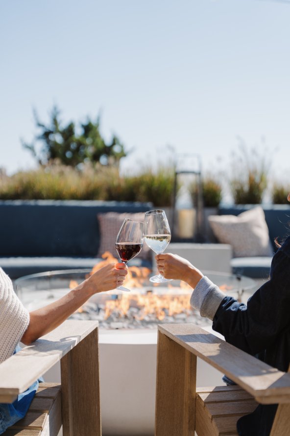 Two people clinking wine glasses over an outdoor fire pit surrounded by plants, under a clear blue sky.