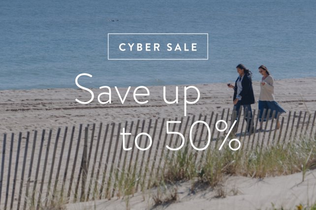 save up to 50% text over a beach walk image