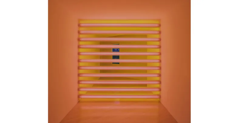 Orange-lit hallway with horizontal yellow bars and a single blue rectangle at the center.