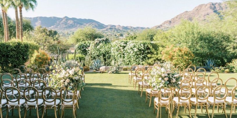 Afternoon ceremony setup on Sanctuary's Wedding Lawn.