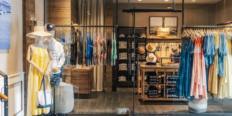 Gurney's Montauk Retail Shop entrance with brand and partner apparel on display. 