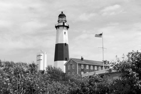 Black and white image of downtown Montauk and Lighthouse.