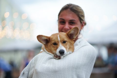 Woman holding brown dog in blanket and smiling.